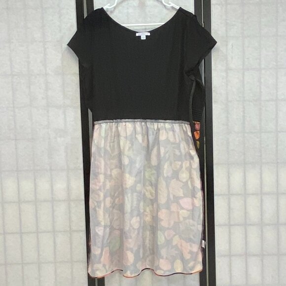 Isaac Mizrahi Leaf Print V Neck Cap Sleeve Elastic Waist Midi Dress Black Orange - Picture 6 of 13